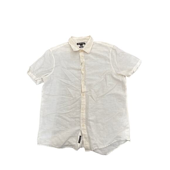 Michael Kors Mens Sz Large Linen Blend Button Up Short Sleeve White Shirt - Picture 1 of 6